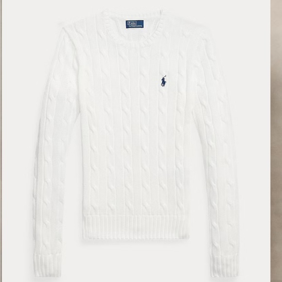 Ralph Lauren White Cable-Knit Scoop Neck Sweater with Navy Pony - Picture 3 of 6